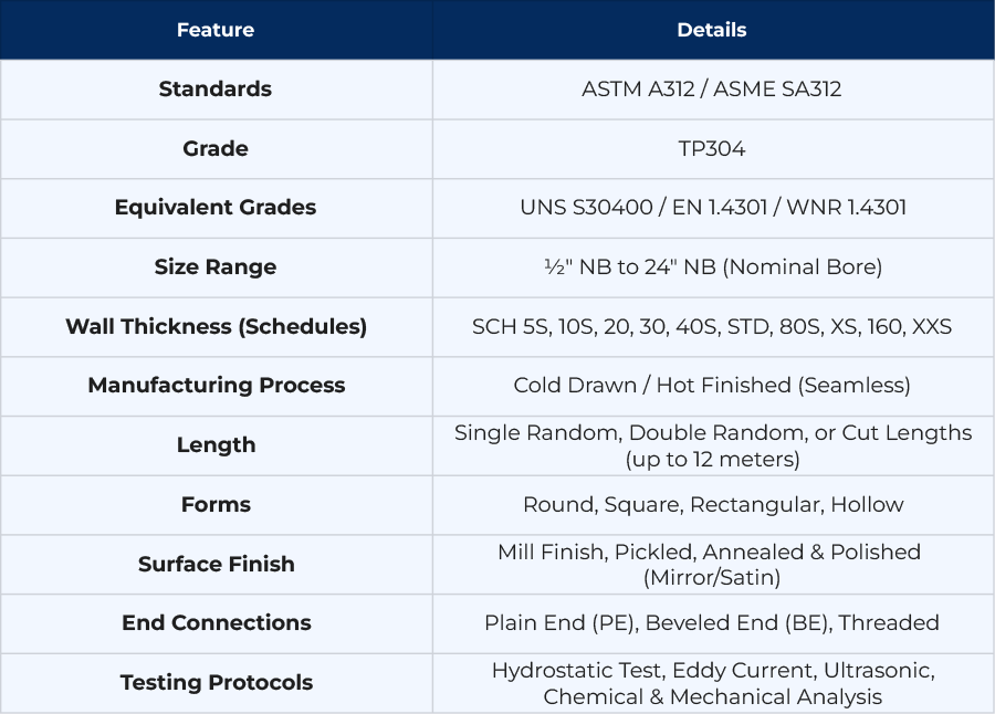 ASTM A312 TP304 Seamless Pipe Specifications